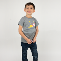 Boy wearing Gray Spaceship G-tube zip shirt with zipper for abdominal access