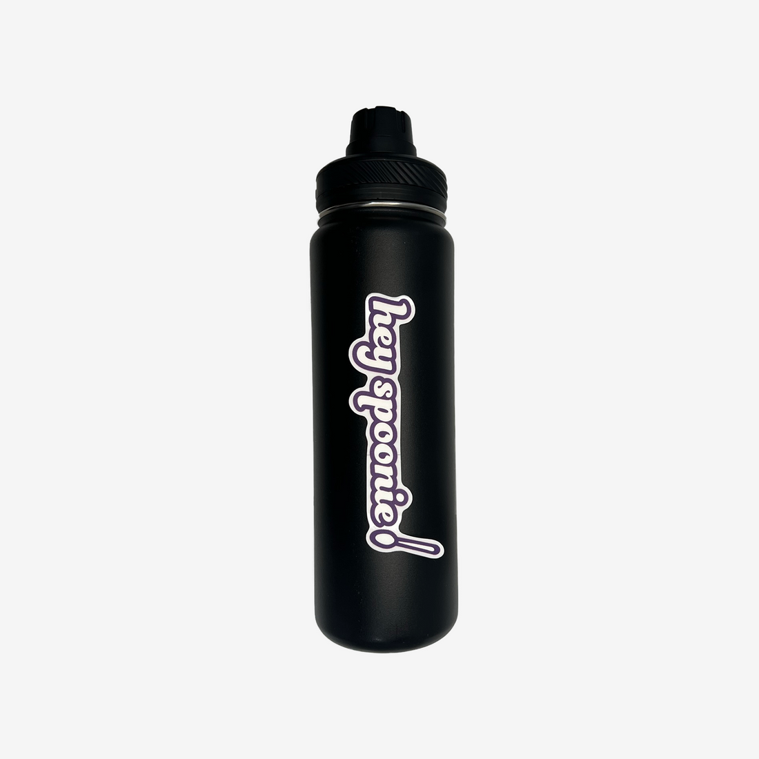 Purple and white Hey Spoonie sticker on black water bottle