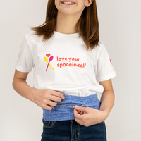 Girl wearing white Youth “Love Your Spoonie Self” T-Shirt