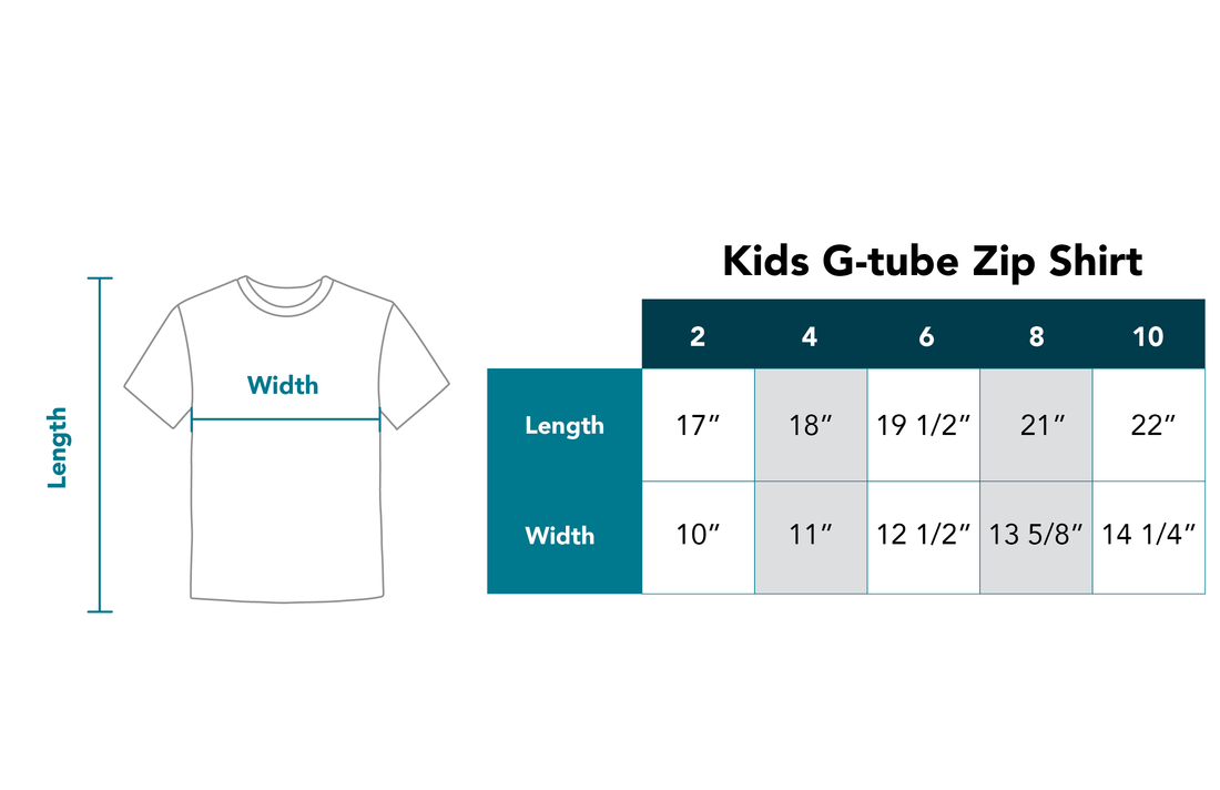 Kids G-tube zip shirt size chart