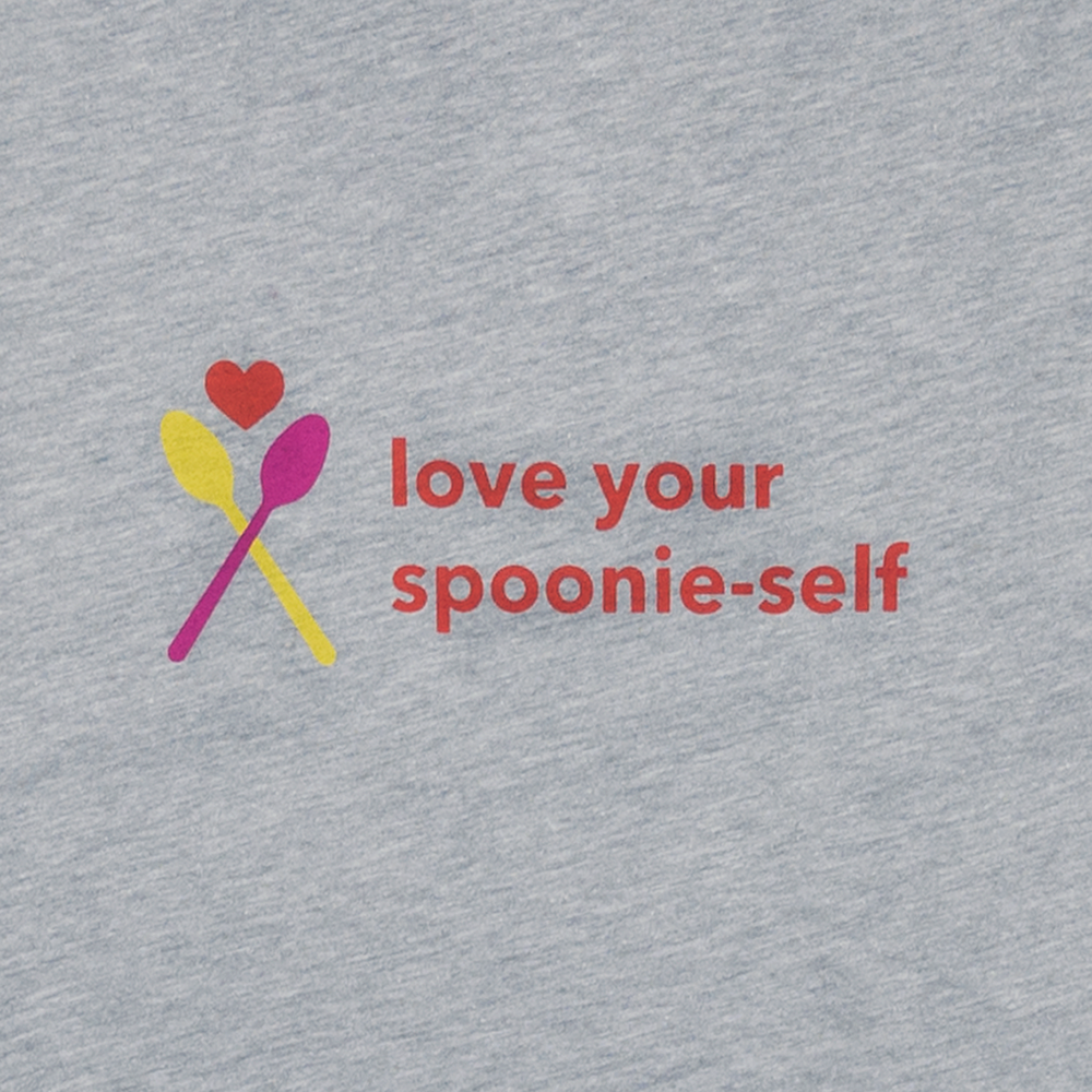 Gray women’s Muscle Tank with “Love your Spoonie Self” text graphic closeup
