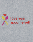 Gray women’s Muscle Tank with “Love your Spoonie Self” text graphic closeup