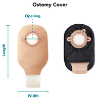 Size chart for Ostomy cover showing how to measure length, width and opening diameter