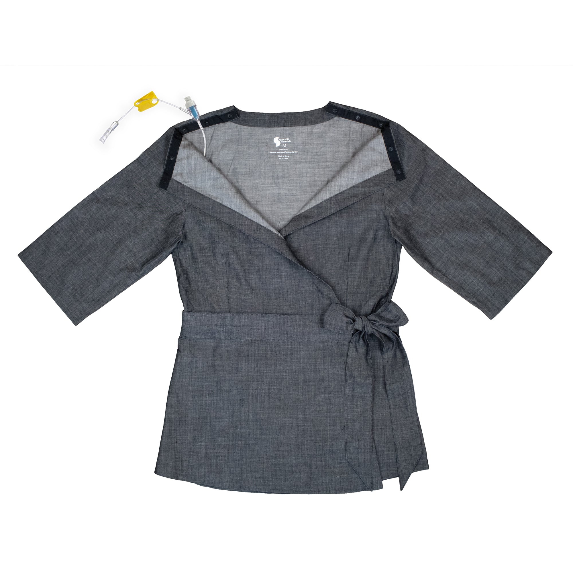 Adult Chest Access Chambray Wrap Top with medical device
