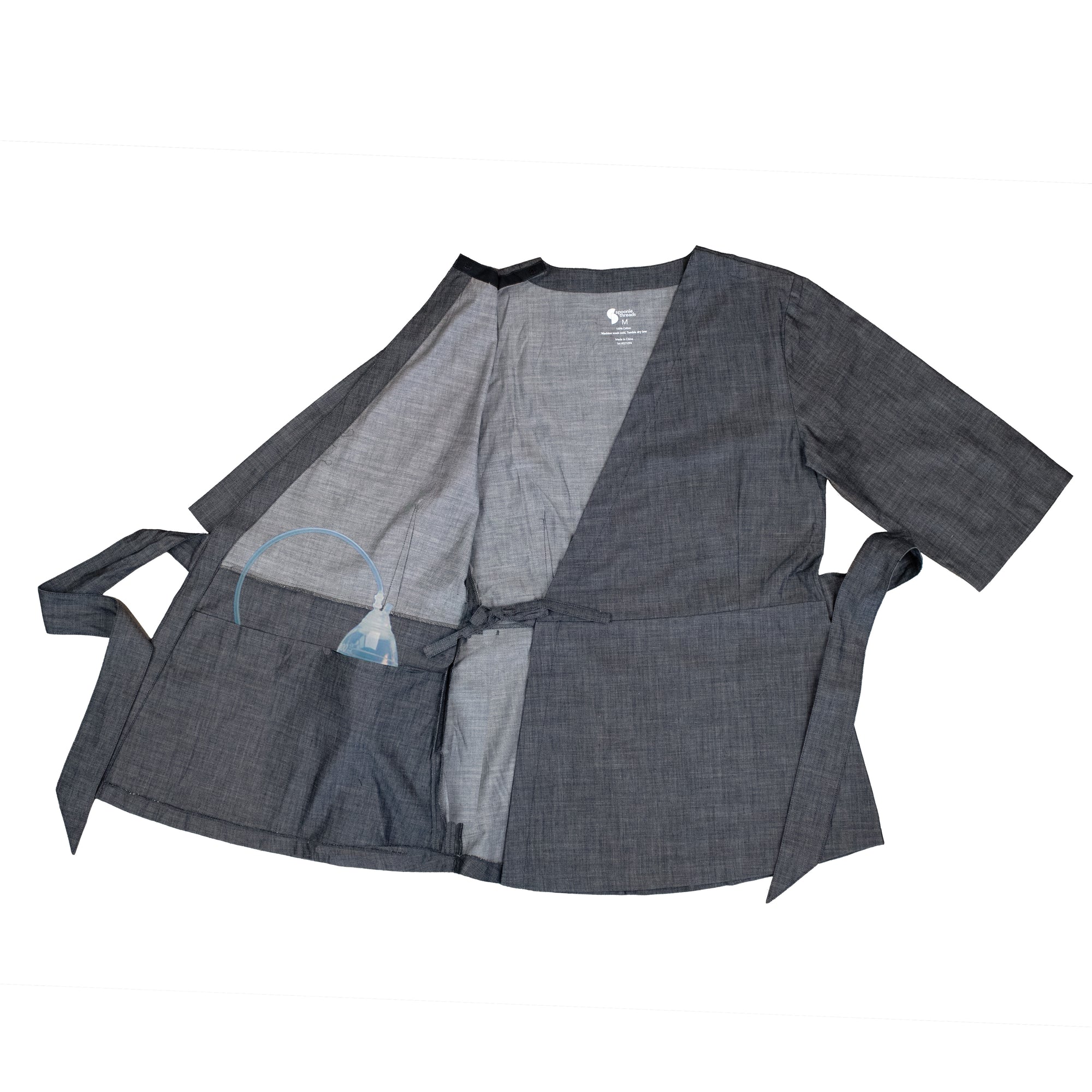 Adult Chest Access Chambray Wrap Top with medical device