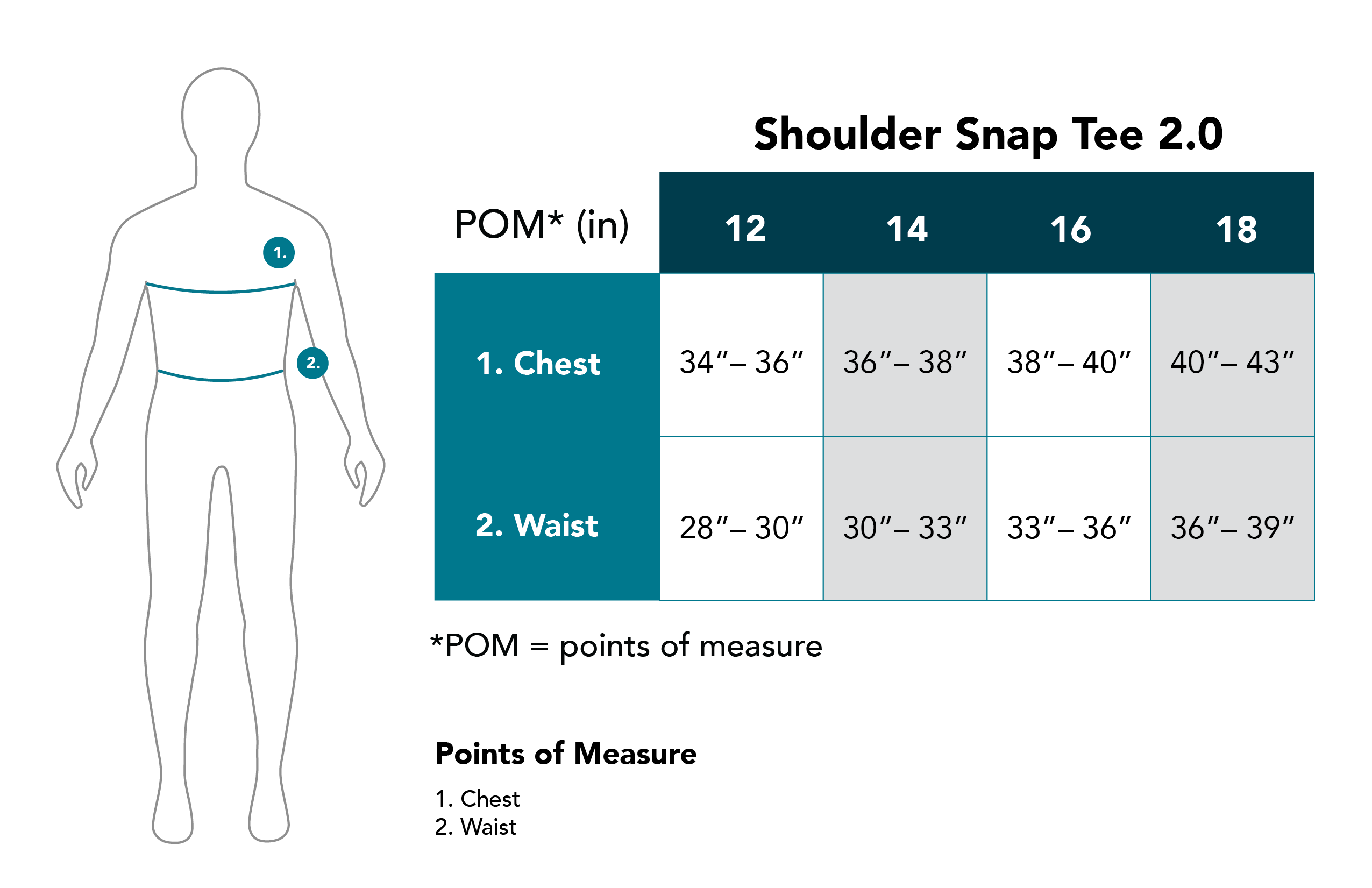 Teen Shoulder Snap tee size chart