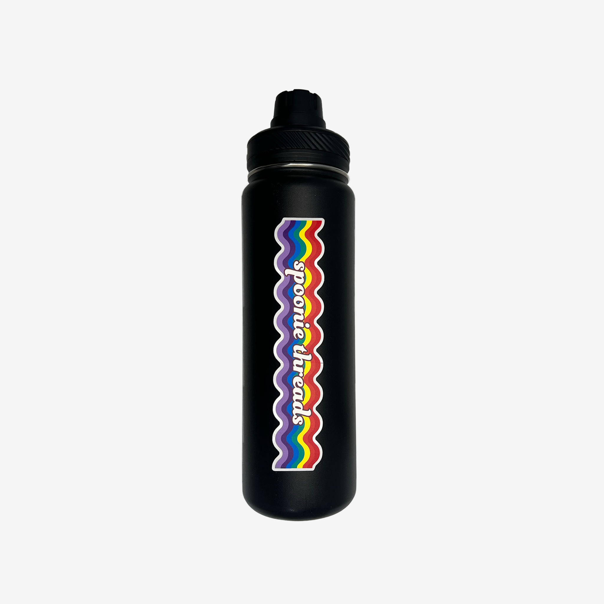 Rainbow Spoonie Threads sticker on black water bottle