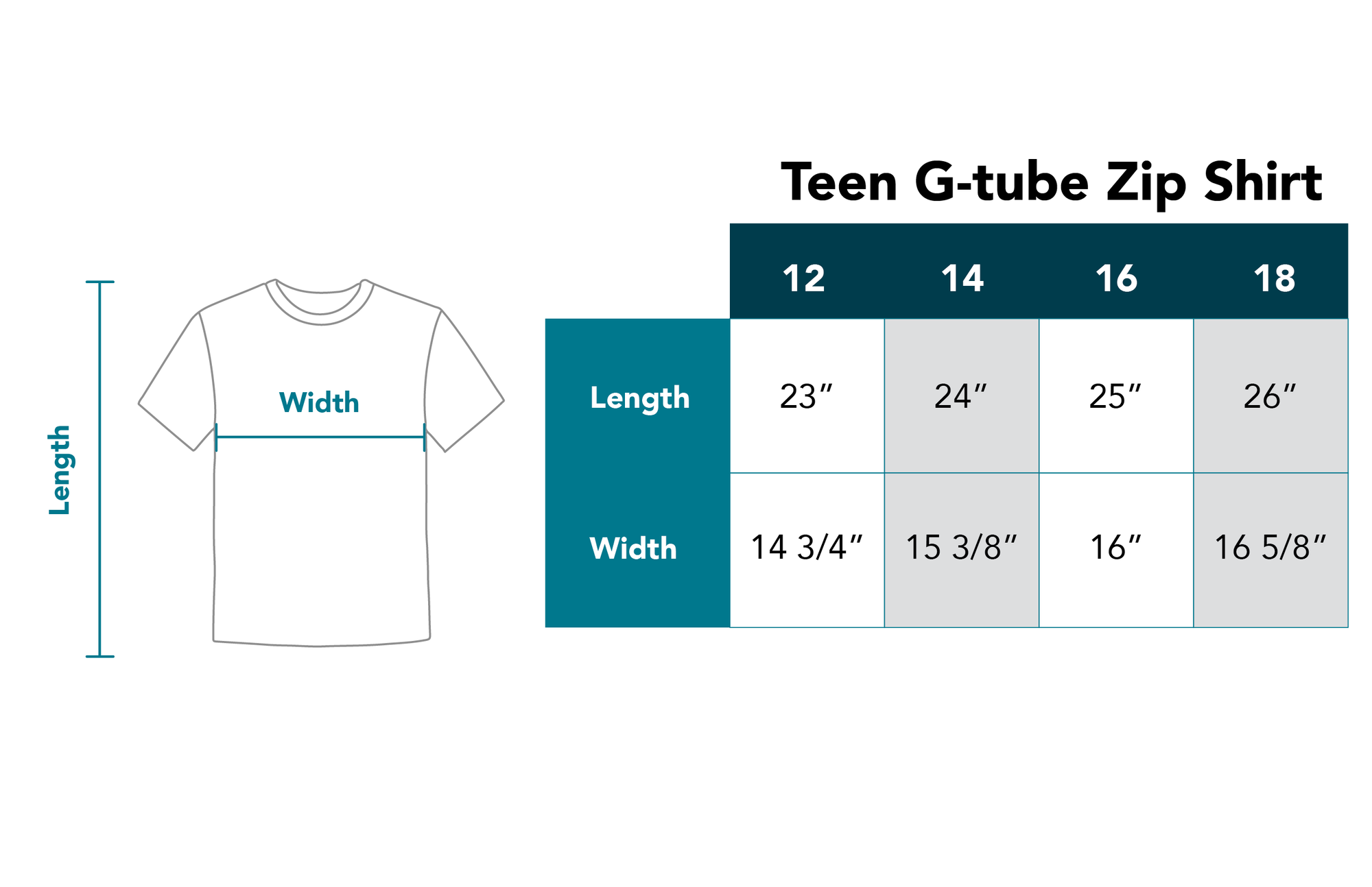 Teen g-tube zip shirt size chart