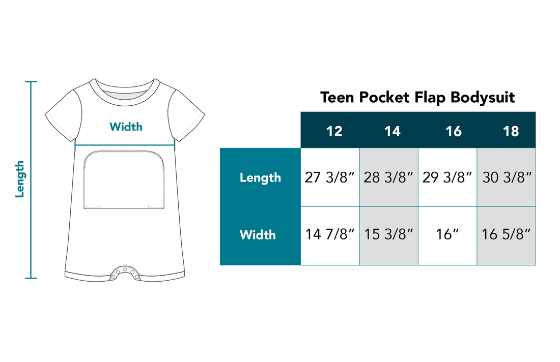 Teen Pocket Flap Bodysuit size chart