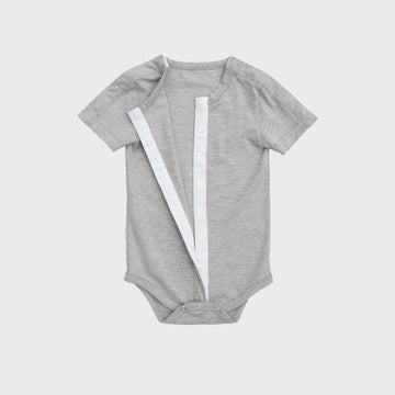 vertical access body suit gray onesie with snap tape down the center