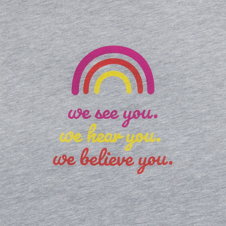 Gray women’s Muscle Tank with “We see you” text graphic closeup