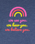 Navy Women’s Crop tee with “We See You” text graphic closeup
