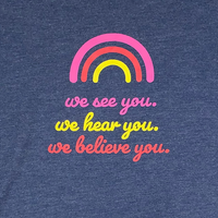 Navy Women’s Crop tee with “We See You” text graphic closeup
