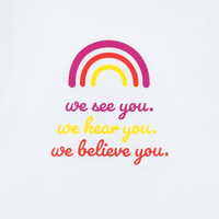 White women’s Muscle Tank with “We see you” text graphic closeup