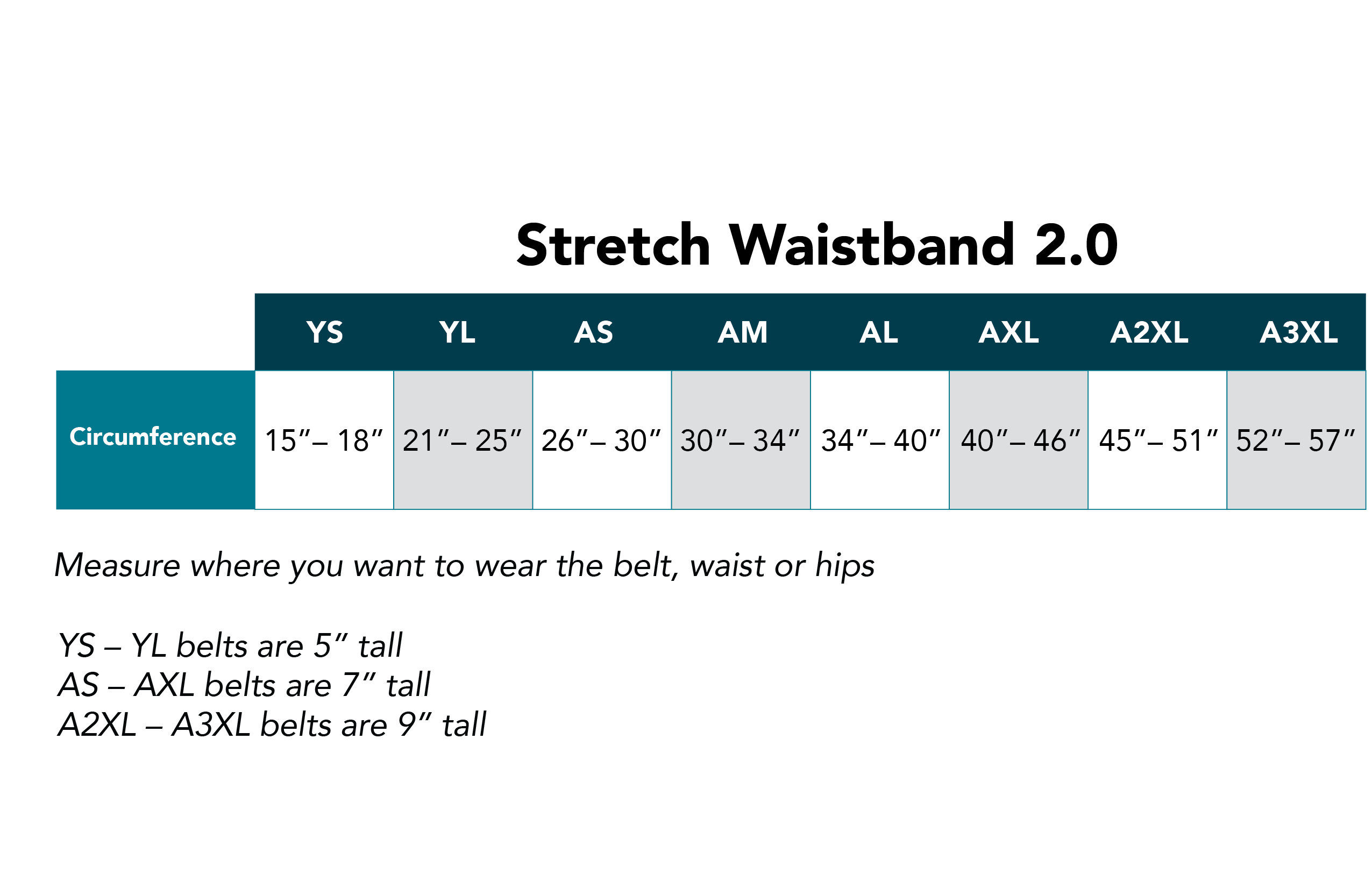 Stretch Waistband 2.0 size chart